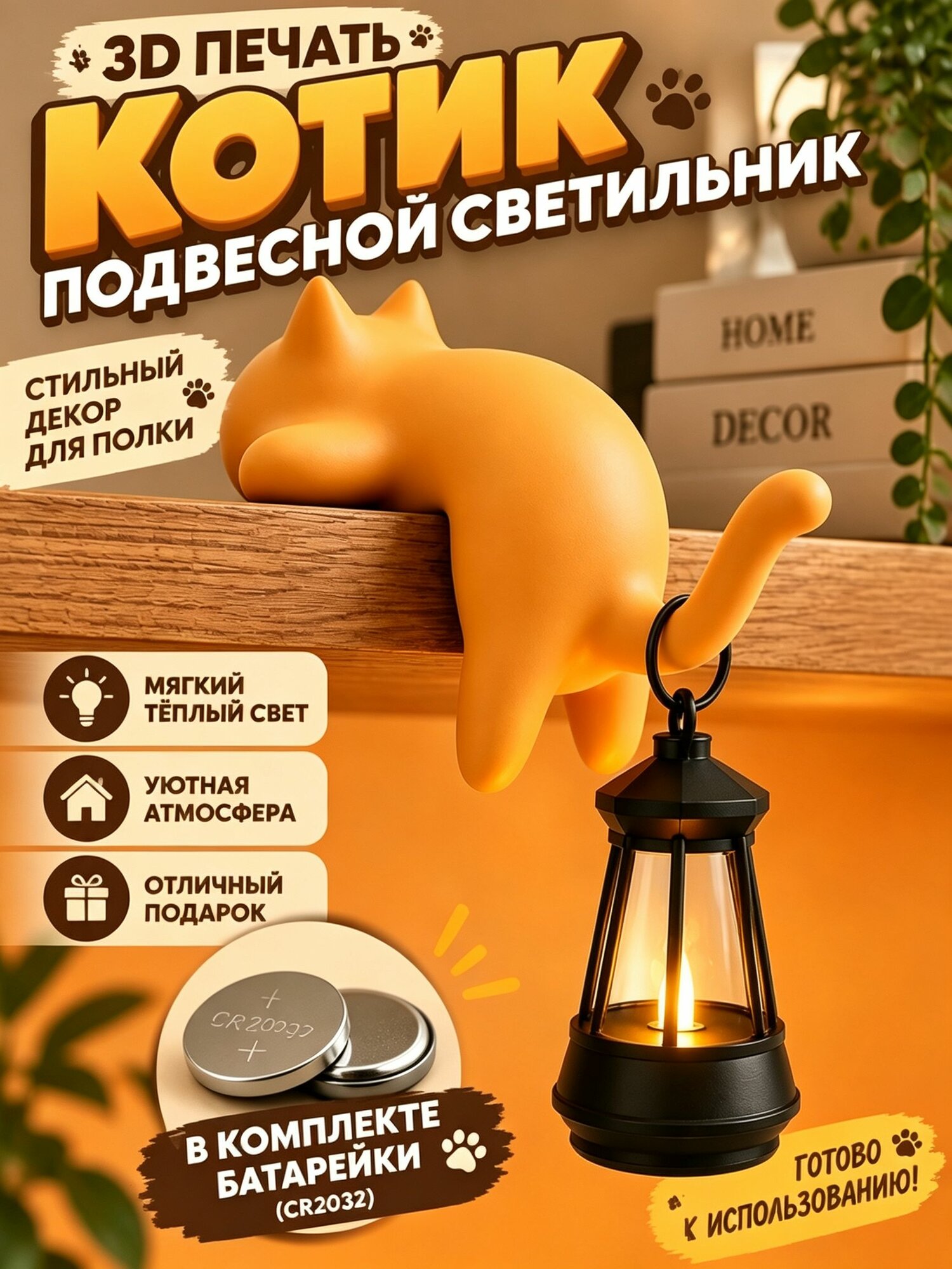 Ночник-кот для полки, декоративный светильник-кот на полку, сувенирная лампа-кот на край полки, декор для дома