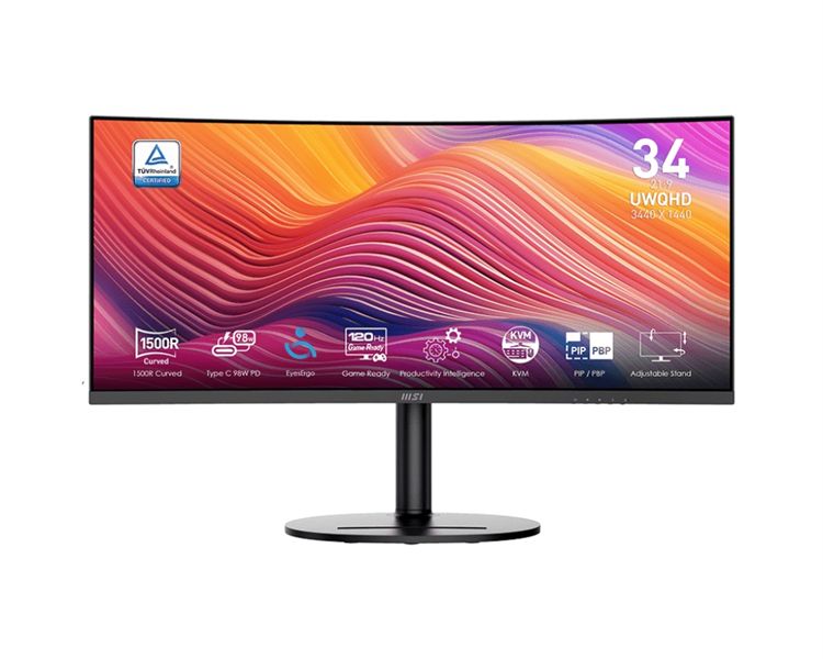 Монитор MSI Modern MD342CQP 34" 21:9 UWQHD(3440x1440) VA Curve 1500R,1ms(MPRT),3000:1,100M:1,300nit,178/178,2*HDMI,1*DP,2xUSB-A, USB-B, USB-C, Speaker, Tilt, Swivel, Height,120Hz, Black,1y war-ty