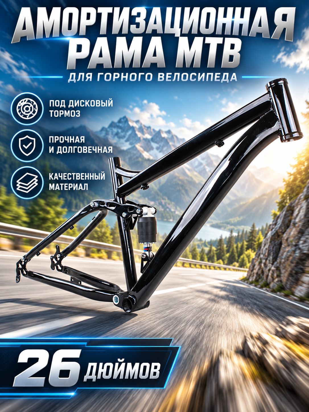 Амортизационная рама MTB 26 дюймов для горного велосипеда, под дисковый тормоз, прочная и долговечная