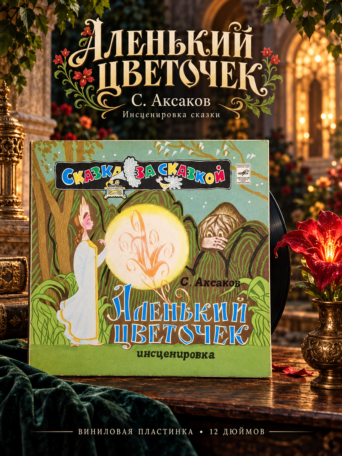 LP Аленький Цветочек - сказка С. Аксакова, Сказка за сказкой. Пьеса инсценировка. Детские сказки. Виниловая пластинка 12 дюймов LP. Мелодия СССР 1981 год
