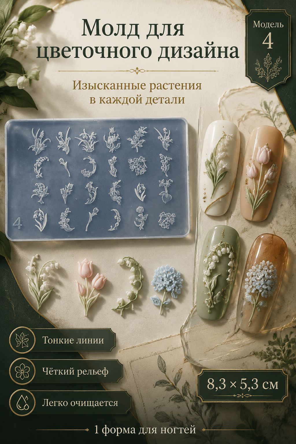 Силиконовая форма для дизайна ногтей "Цветы", - C409