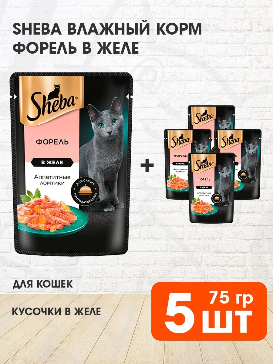 Корм влажный Sheba для взрослых кошек, ломтики в желе, форель, 75 г 5 шт