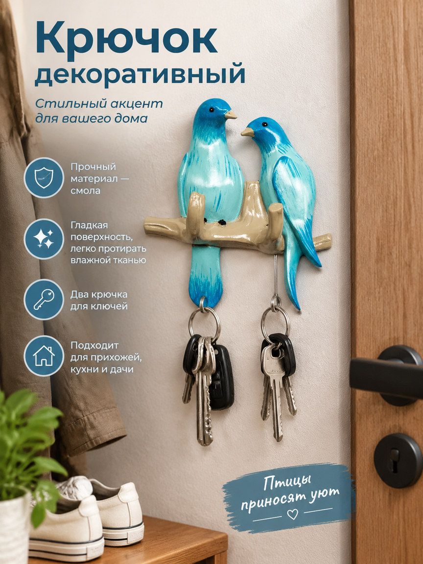 Настенный крючок-держатель для ключей с двумя синими птицами на ветке, декор из смолы