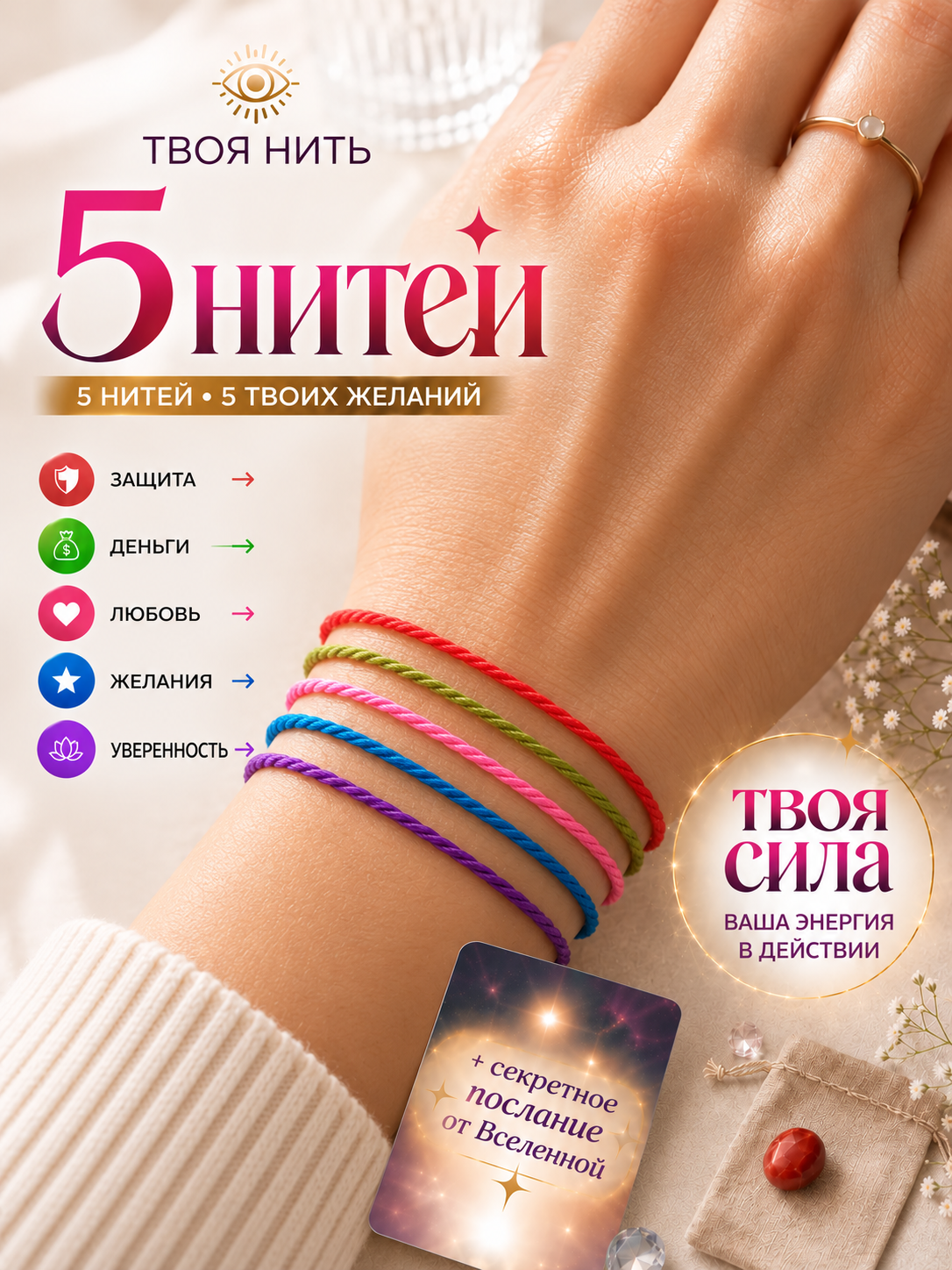 Красная нить на руку, набор оберегов на запястье 5 цветов, EZOTERIUM