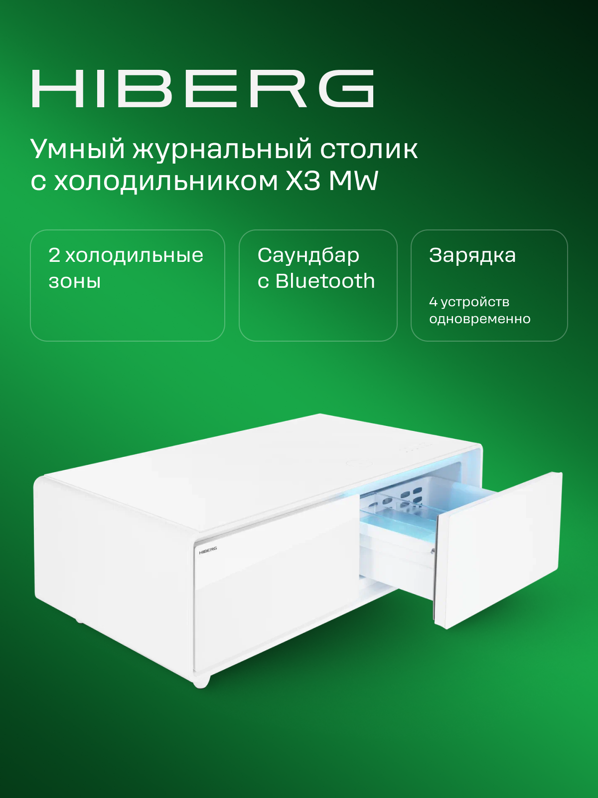 Умный журнальный столик с холодильником HIBERG X3 MW, с беспроводным зарядным устройством, USB-порт/выход Type-C