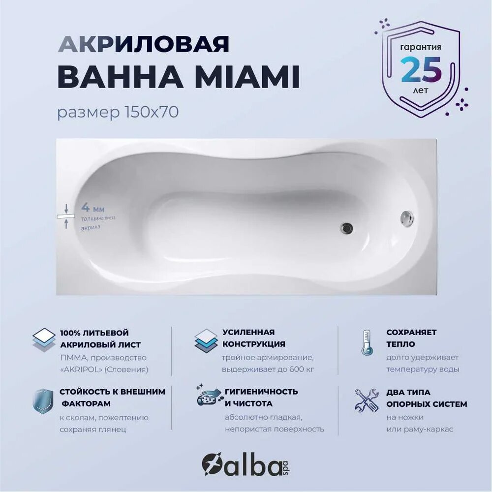 Акриловая ванна ALBA SPA Miami без опоры 150x70, пристенная, белая, глянцевая, прямоугольная