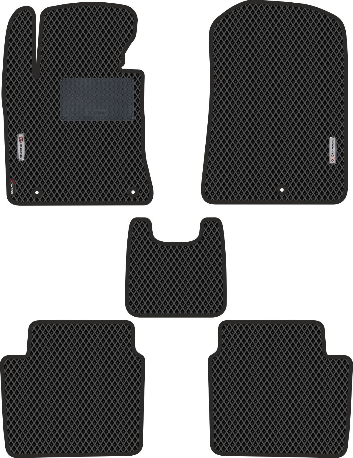 Автомобильные коврики EVA для Kia Cerato III (2013-2020), с каучуковым подпятником и 2 эмблемами Kia, чёрные с чёрным кантом, ячейка - ромб