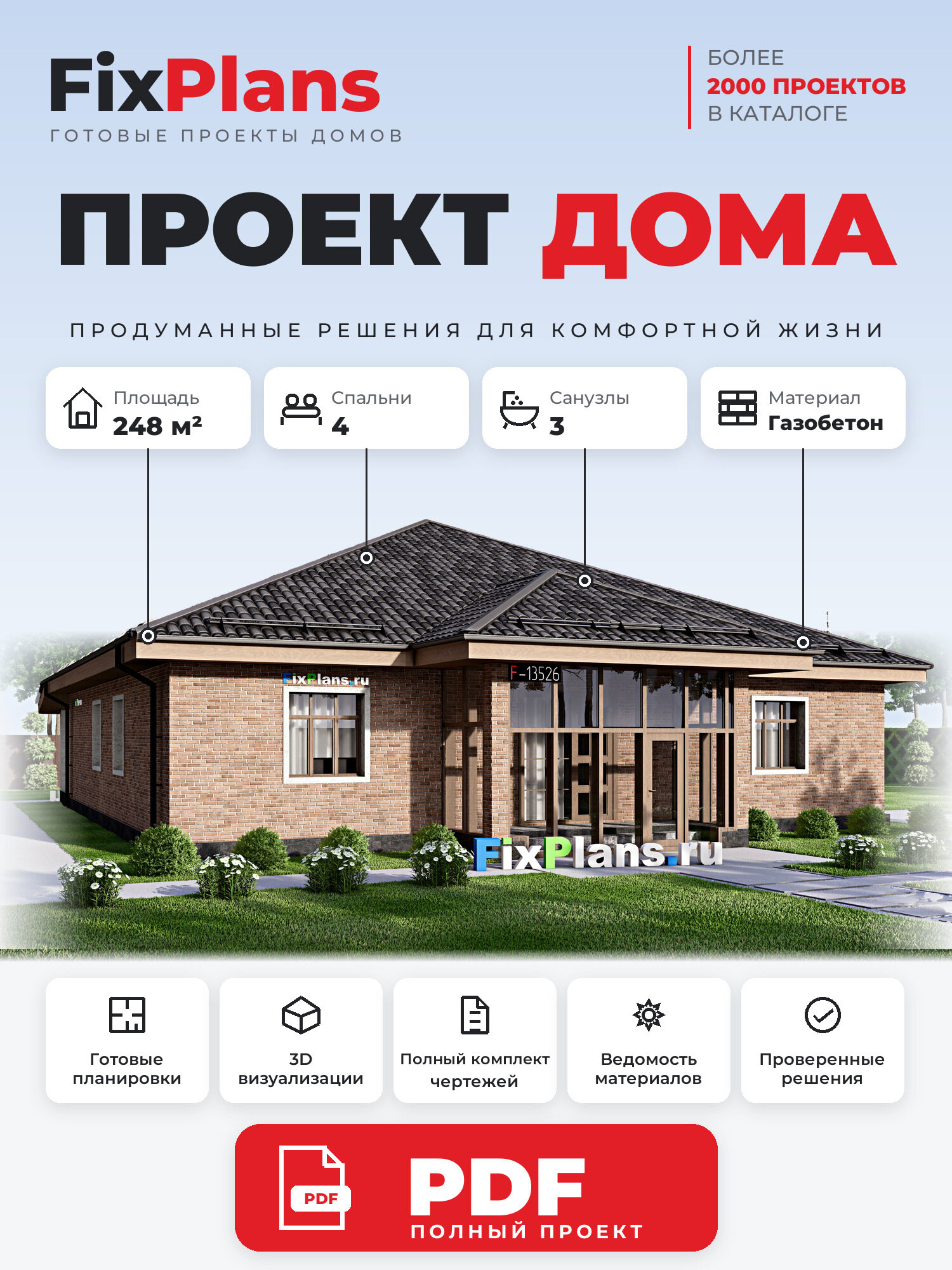 Проект дома FIXPLANS. Одноэтажный. Площадь 240.7 м2 F-13526 Размер 20.18 х 15.58