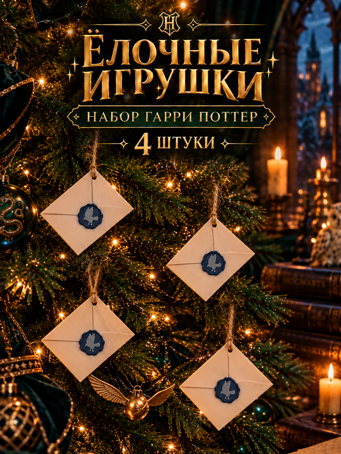 Новогодние игрушки на елку, Гарри Поттер, набор 4 шт, "Когтевран"