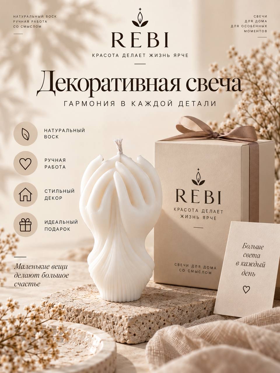 Декоративная свеча REBI Роза в руках из воска, интерьерная фигурная свеча, ручная работа