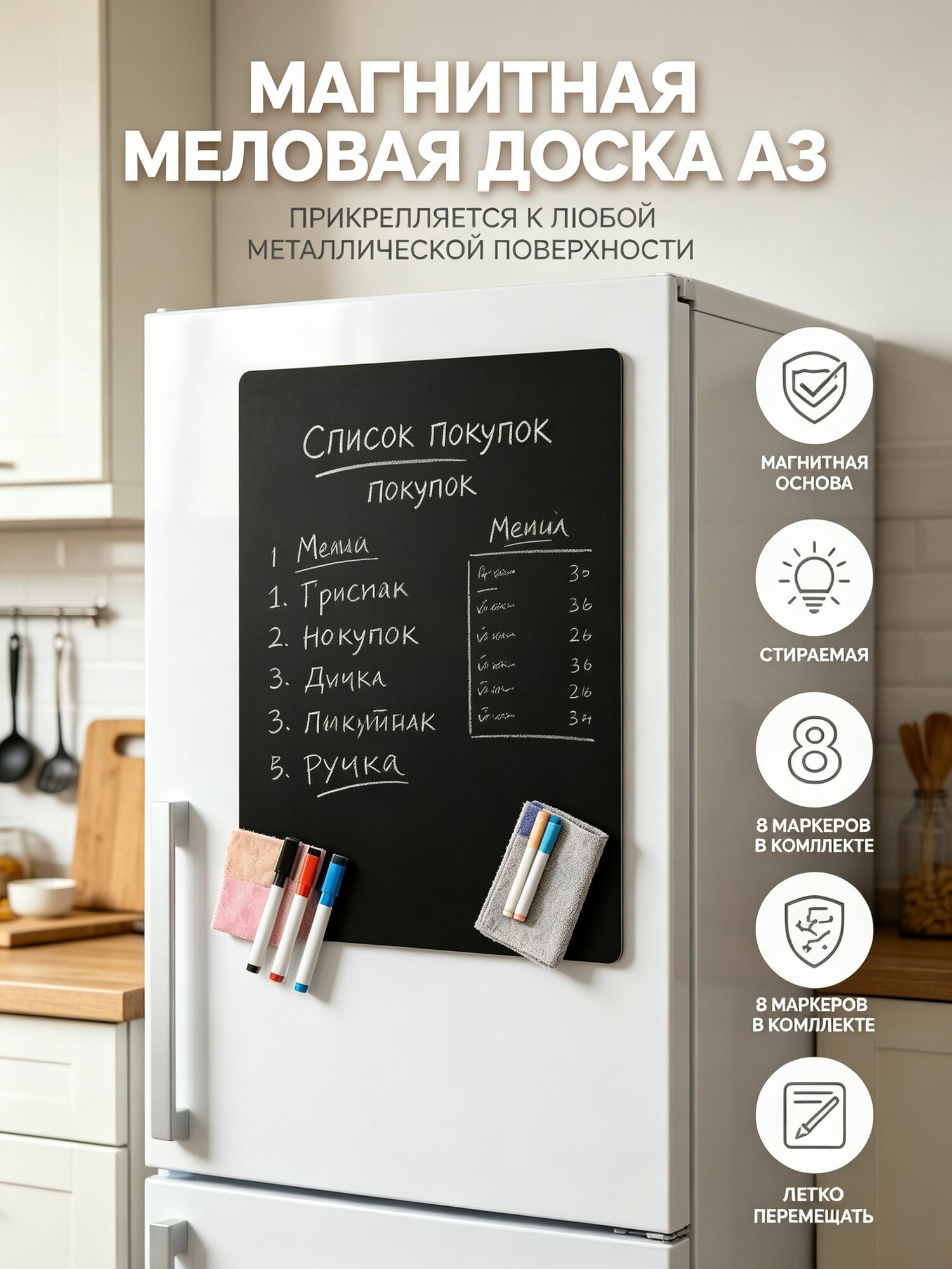 Магнитная меловая доска А3, 8 жидких маркеров, стираемая