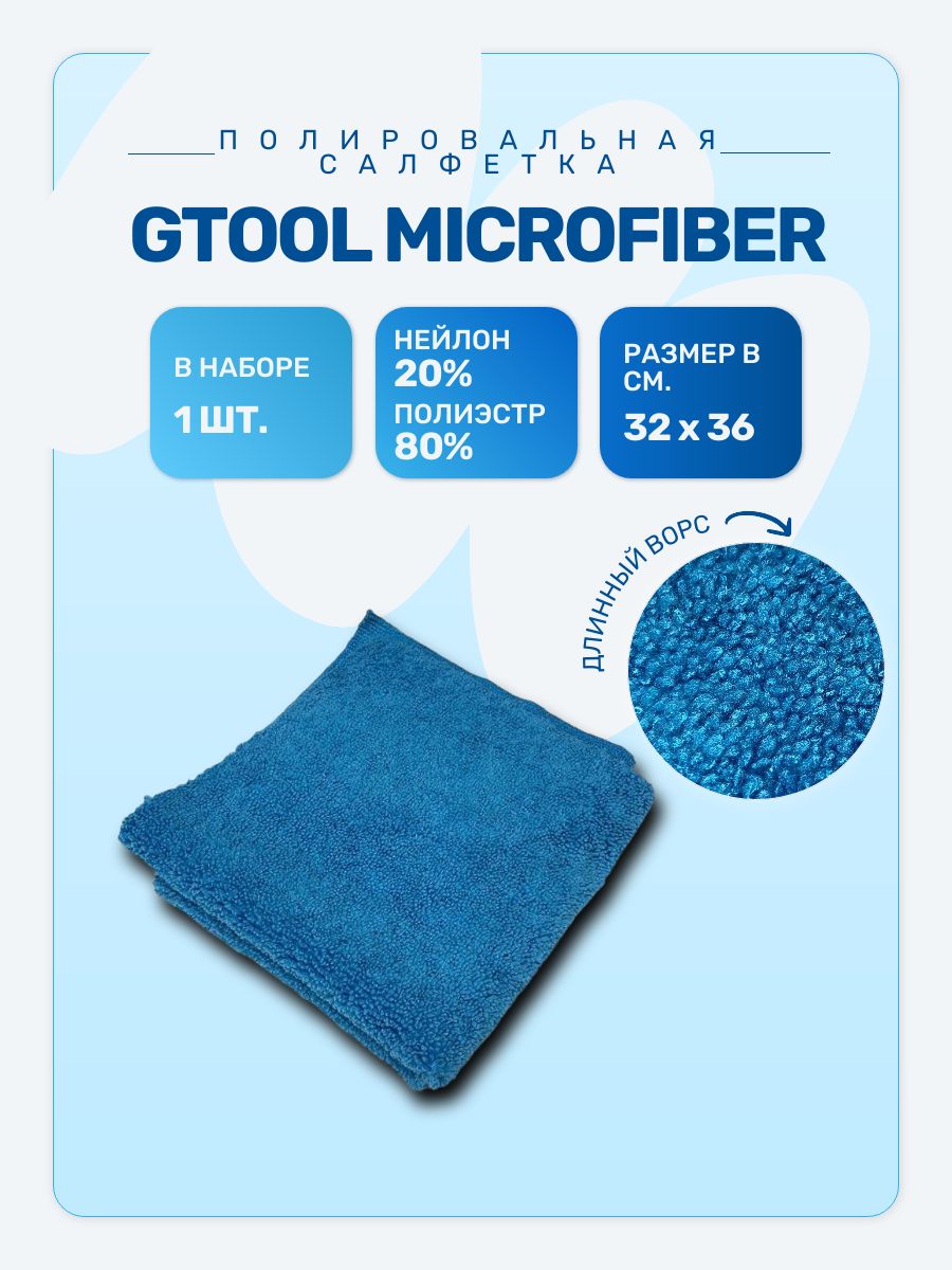 Салфетка для полировки из микрофибры GTOOL Microfiber 36х32 см, 1 шт, безворсовая тряпка для автодетейлинга и очистки металла