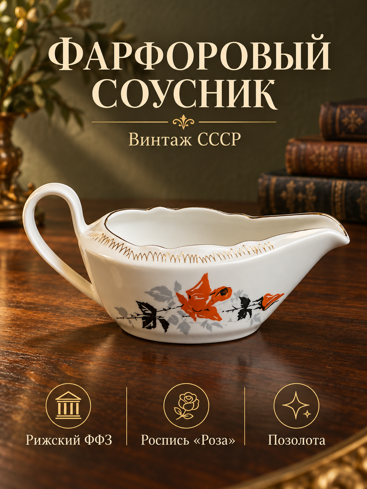 Соусник фарфоровый с росписью "Роза", позолота, Рижский ФФЗ, винтаж СССР 1970-1980 гг