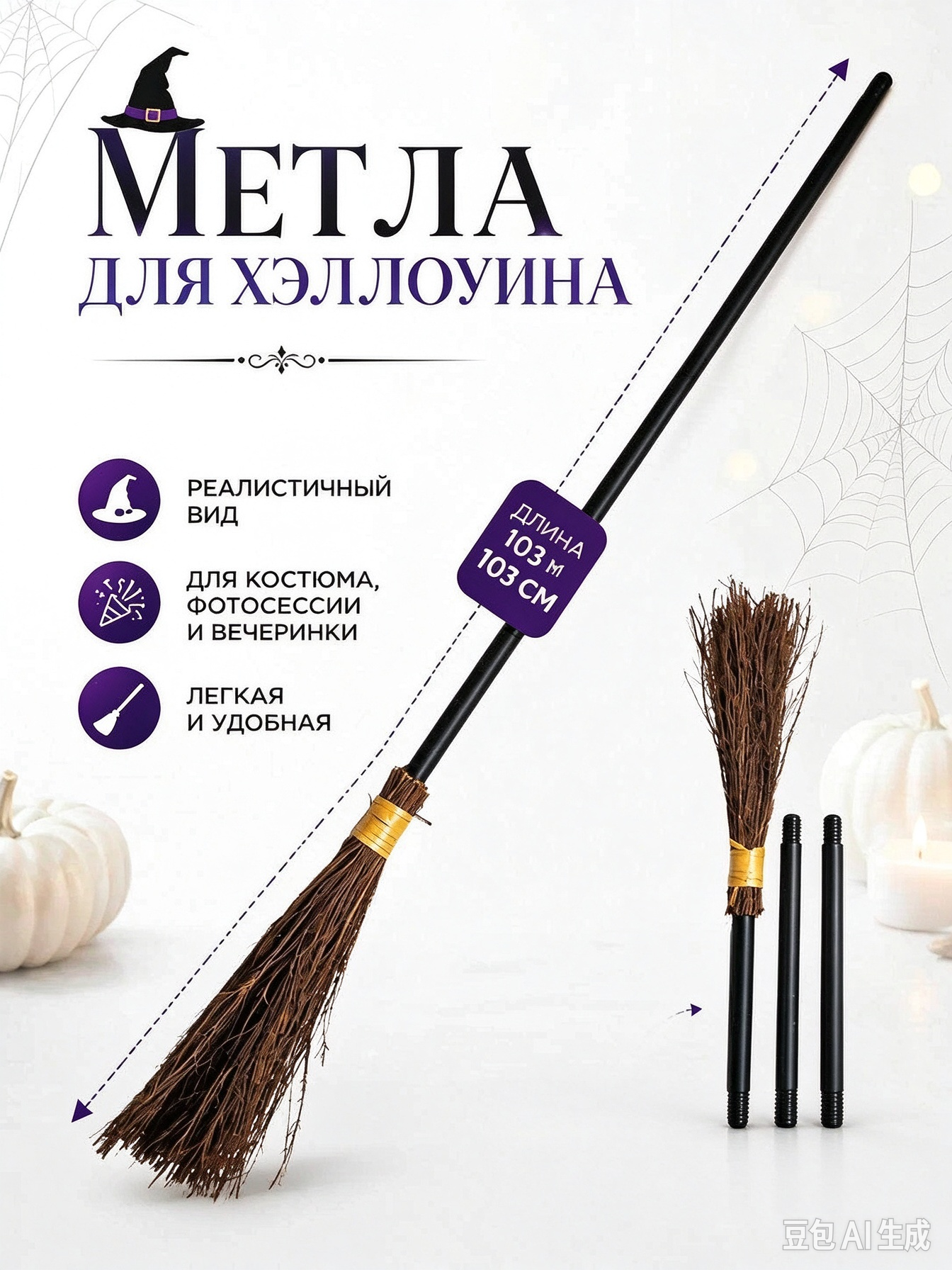 Метла ведьмы для Хэллоуина разборная, длина 103 см, реквизит для костюма и фотосессий