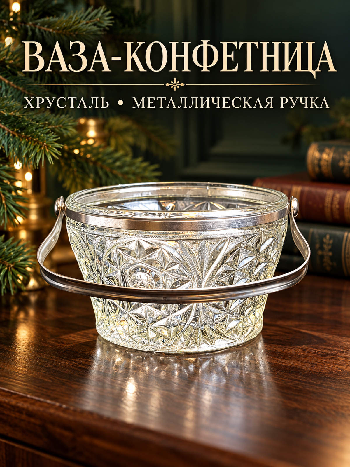 Ваза конфетница хрустальная с металлической ручкой, красивый узор, вазочка хрусталь винтаж СССР 1970-1990 гг