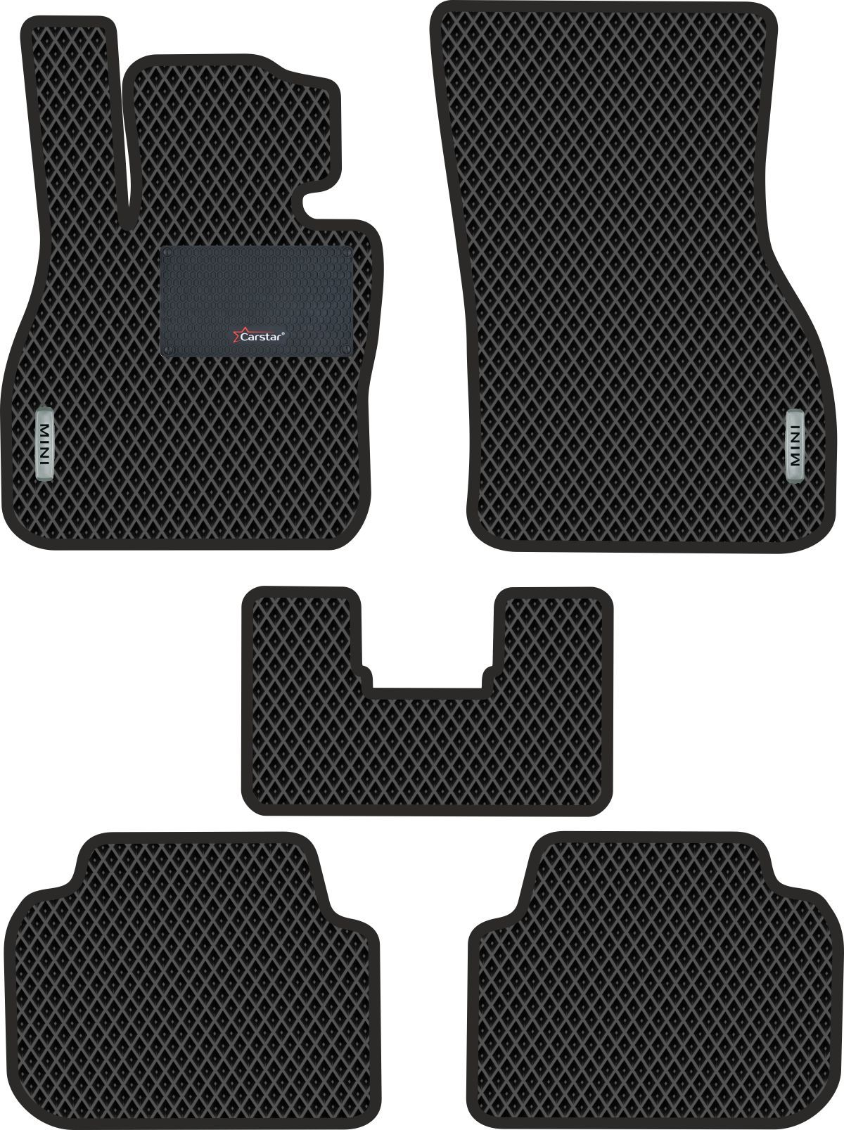 Автомобильные коврики EVA для Mini Clubman II F54 (2015->), с каучуковым подпятником и 2 эмблемами Mini, чёрные с чёрным кантом, ячейка - ромб