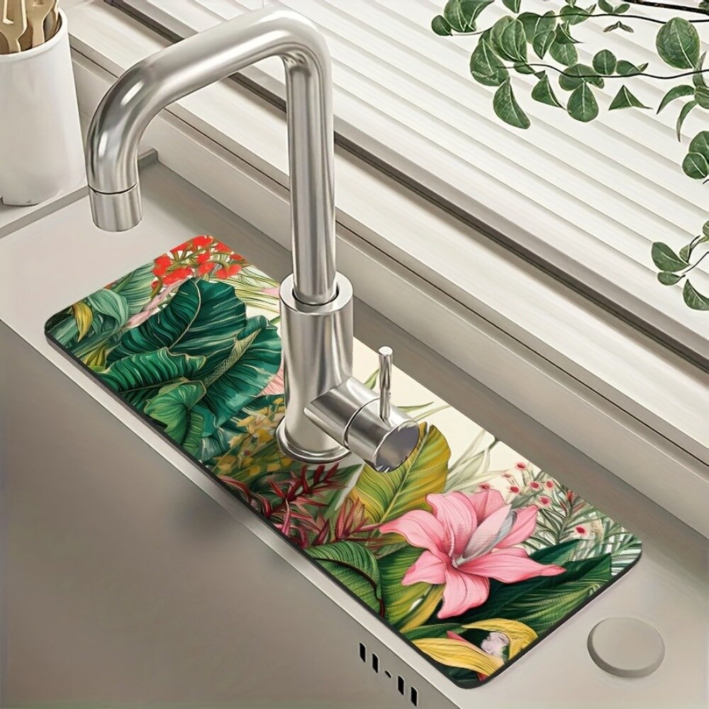 Коврик-подставка под кран с принтом тропических листьев для кухни и ванной, размер 14×38 см