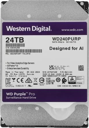 Western Digital 24 ТБ Внутренний жесткий диск WD240PURP, 3.5", 7200 об/мин, SATA III 6 Гбит/с (WD240PURP)