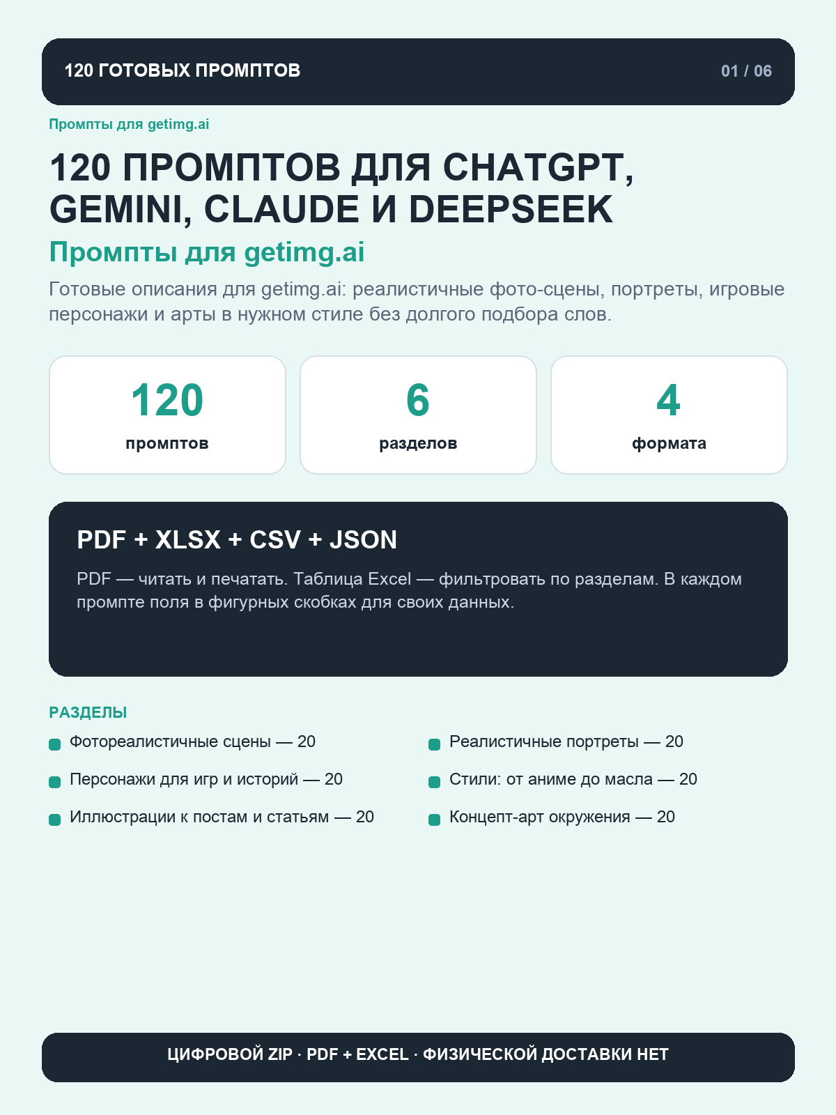 Промпты для getimg.ai: 120 запросов для реалистичных изображений, персонажей и артов в разных стилях, цифровая книга PDF A4