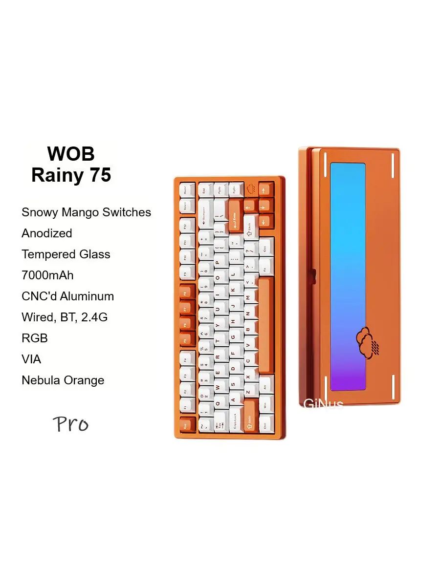 WOB Игровая клавиатура беспроводная Rainy75 Pro, Nebula Orange, RGB, Snowy Mango Switches, Anodized, Английская раскладка, оранжевый, белый