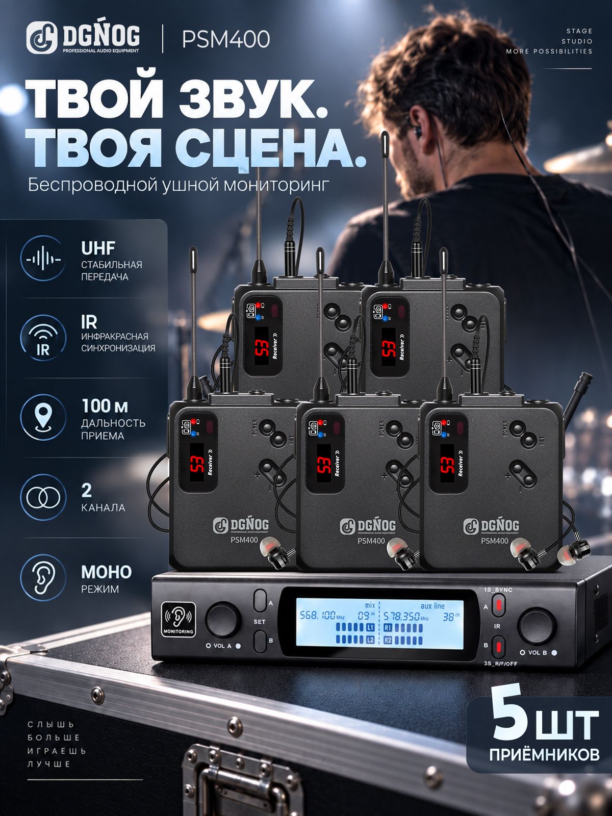DGNOG PSM400 профессиональная беспроводная система внутриушной мониторинг, Моно, Подходит для сцены, выступления, игры на гитаре