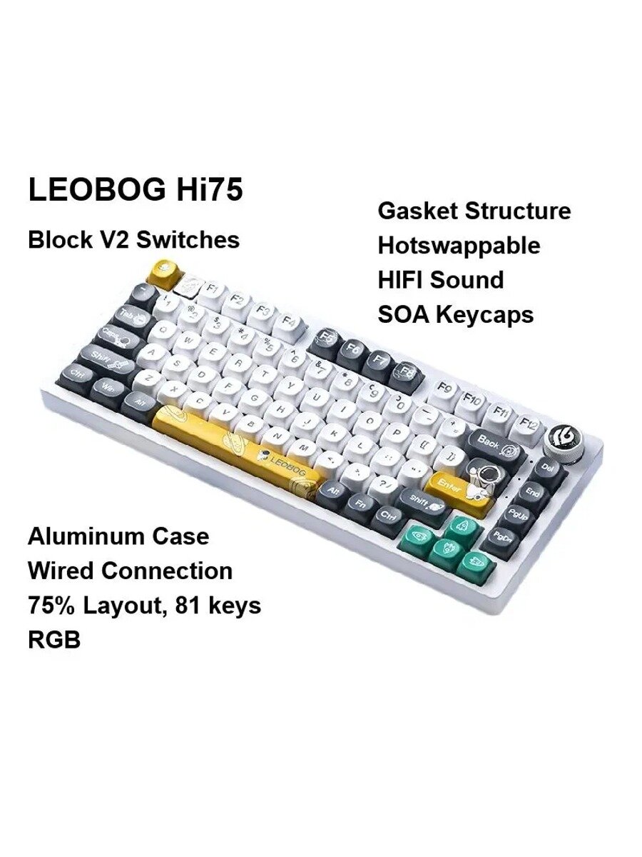 LEOBOG Игровая клавиатура проводная Hi75, Astronaut, Block V2 Switches, SOA Keycaps, Английская раскладка, темно-серый