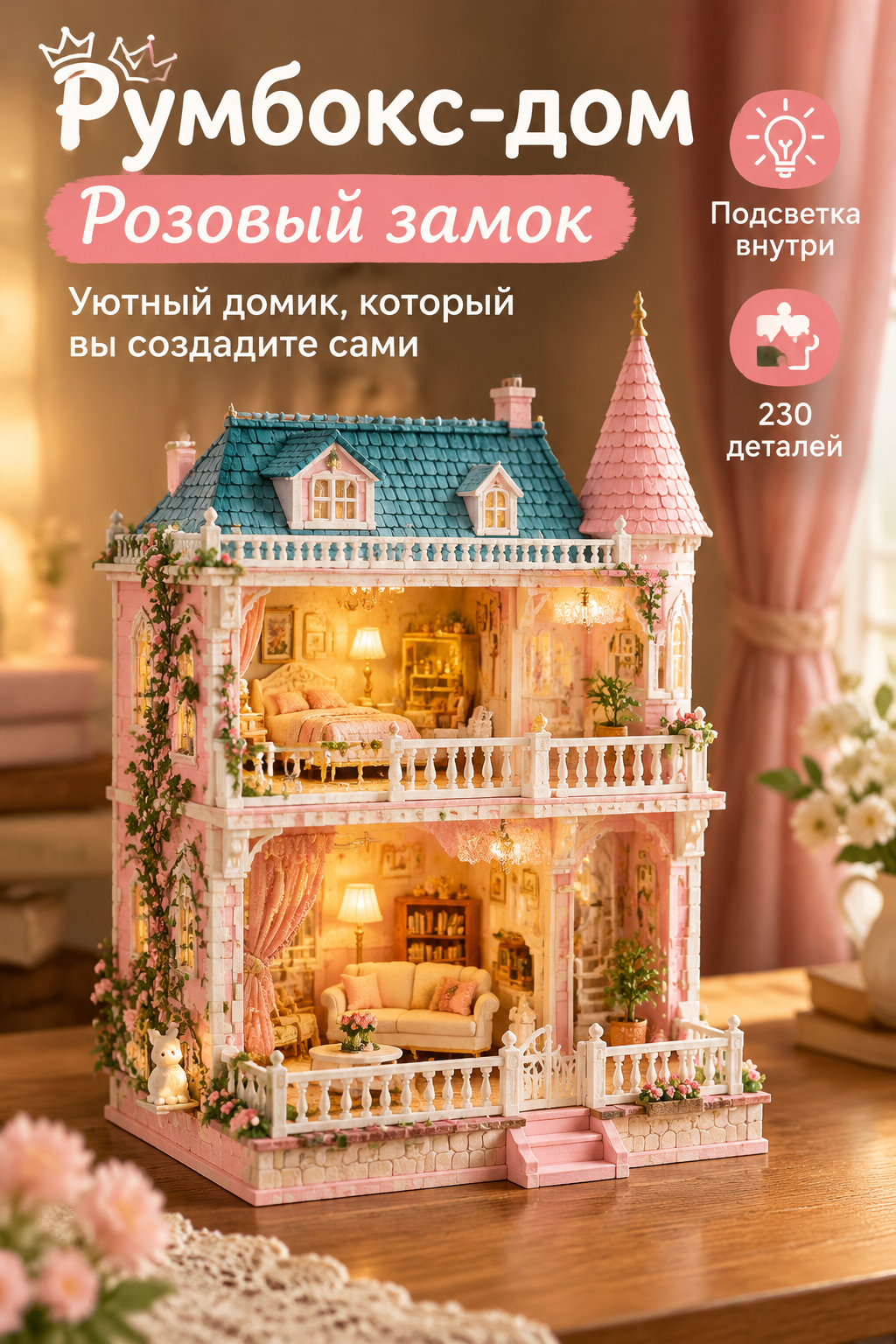 Румбокс-дом Yarvita «Розовый замок» 1:48 с подсветкой, 230 деталей