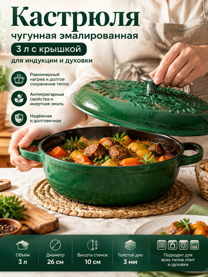 Кастрюля чугунная эмалированная 3 л с крышкой, тёмно-зелёная, 26 см, для индукции и духовки
