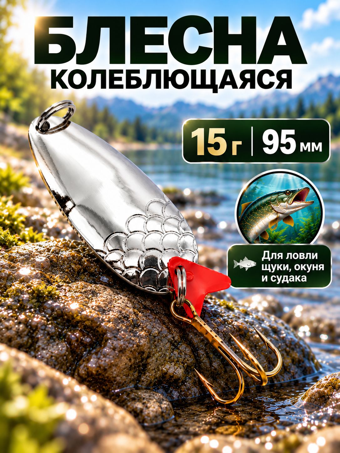 Блесна-колебалка рыболовная 15 г серебристая для щуки, окуня и судака
