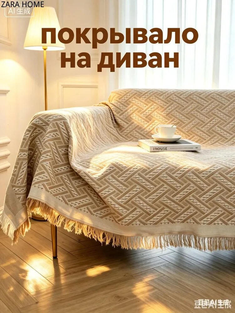 ZARA HOME Покрывало 180x230 см хлопок вязаный, фактурный геометрический хаки