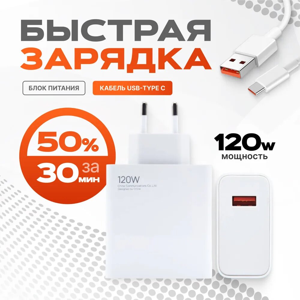 Зарядное устройство для телефона 120W зарядка Type-C с кабелем.