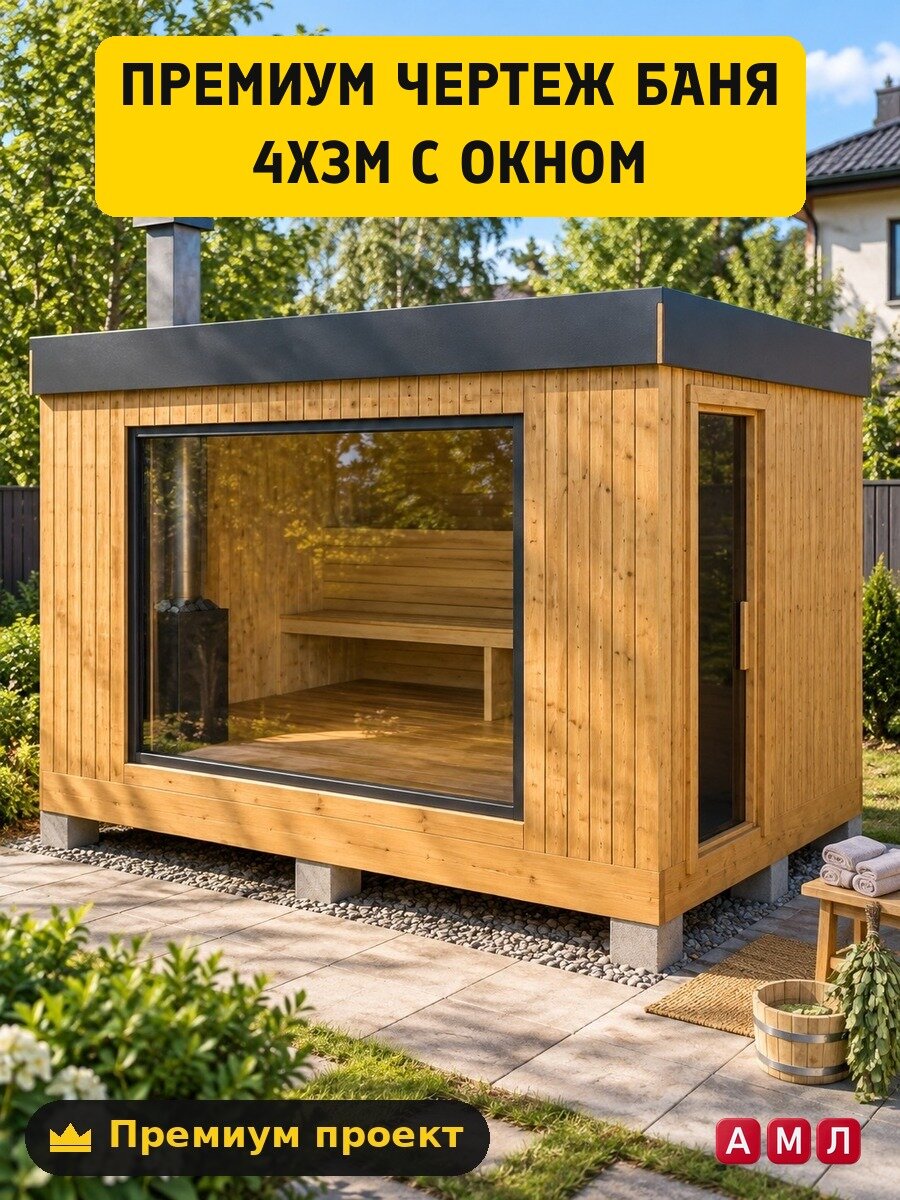 Премиум проект чертеж Баня 4x3м с окном - постер, деталировка, раскрой, узлы и пошаговая схема сборки, скачать и распечатать 3D