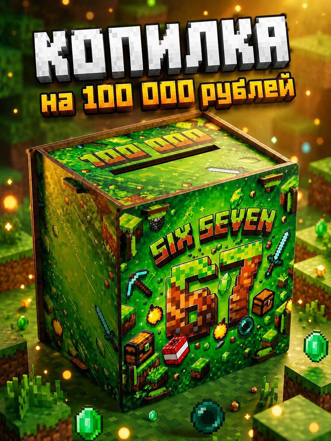 Копилка для денег "SixSeven 67" деревянная 100 000 руб. Майнкрафт (Minecraft)