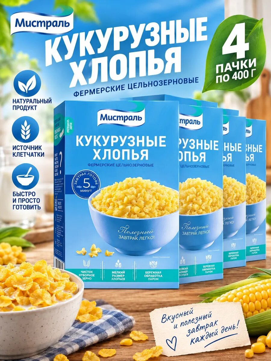 Кукурузные хлопья 4 пачки по 400 грамм фермерские без варки