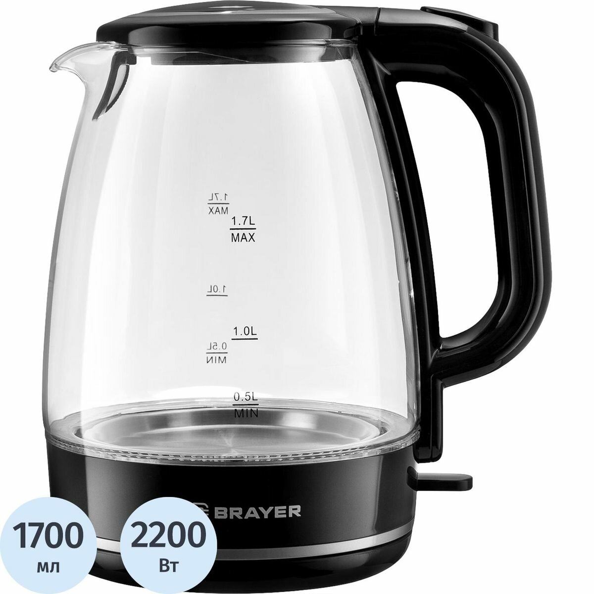 Чайник электрический BRAYER BR1030,2.2 кВт, 1,7 л, стекло, автооткл, подсвет (1767911)