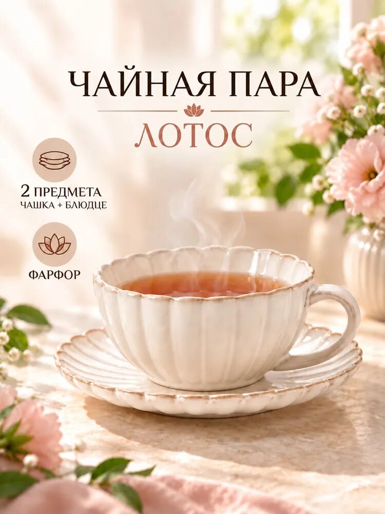 Чайная пара «Лотос», 2 предмета: блюдце 15×2 см, чашка 14×11×6 см, фарфор, молочная