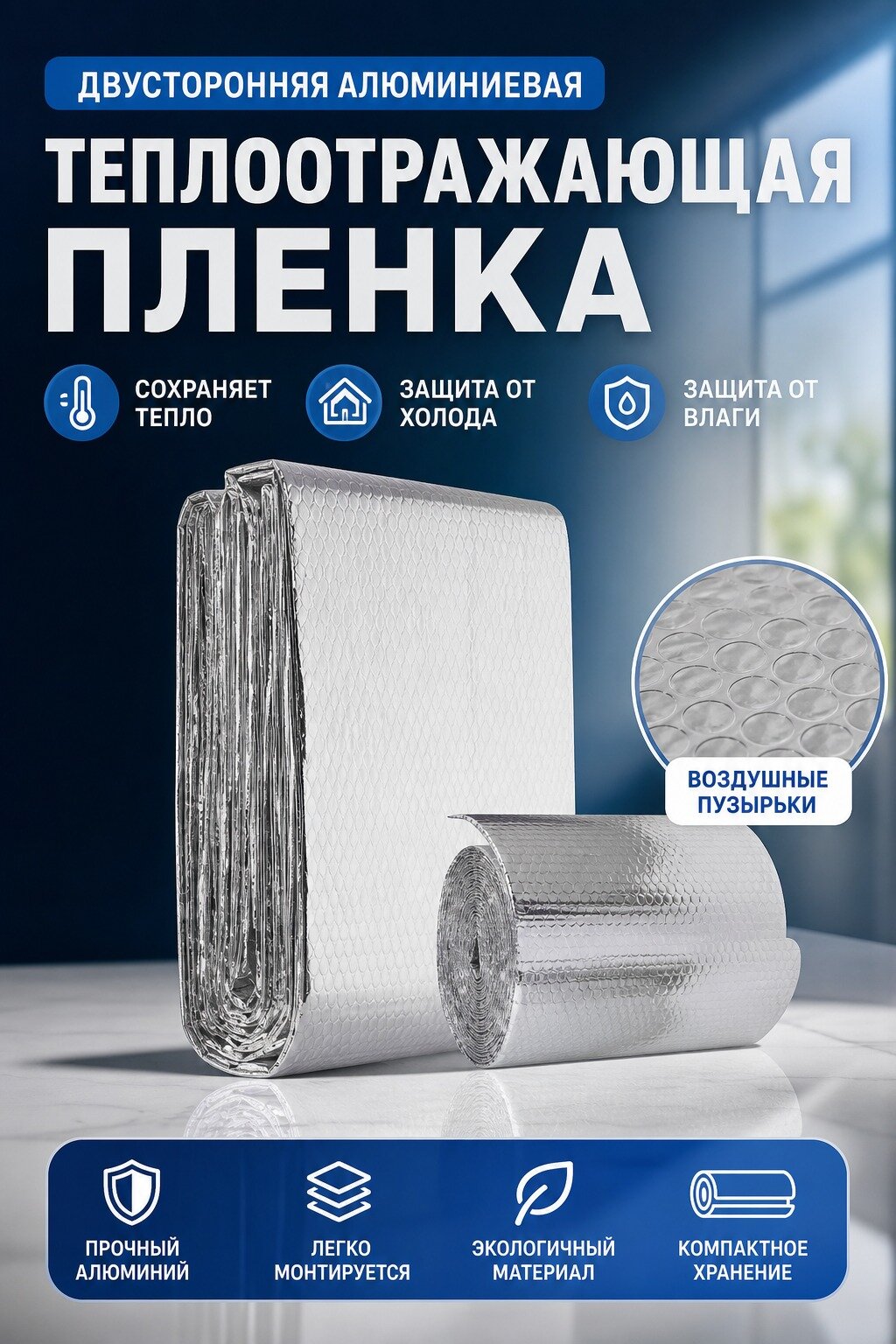 Теплоотражающая плёнка за радиатор отопления двусторонняя алюминиевая, 4 рулона + подарок
