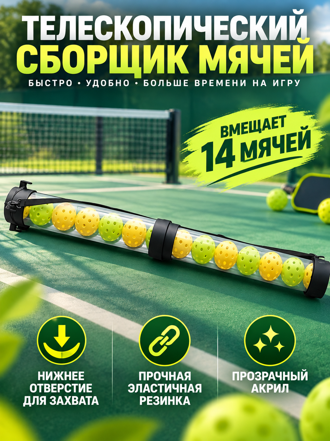 Телескопический сборщик мячей для пиклбола с нижним отверстием для захвата, акриловая трубка, вместимость 14 мячей для тренировок