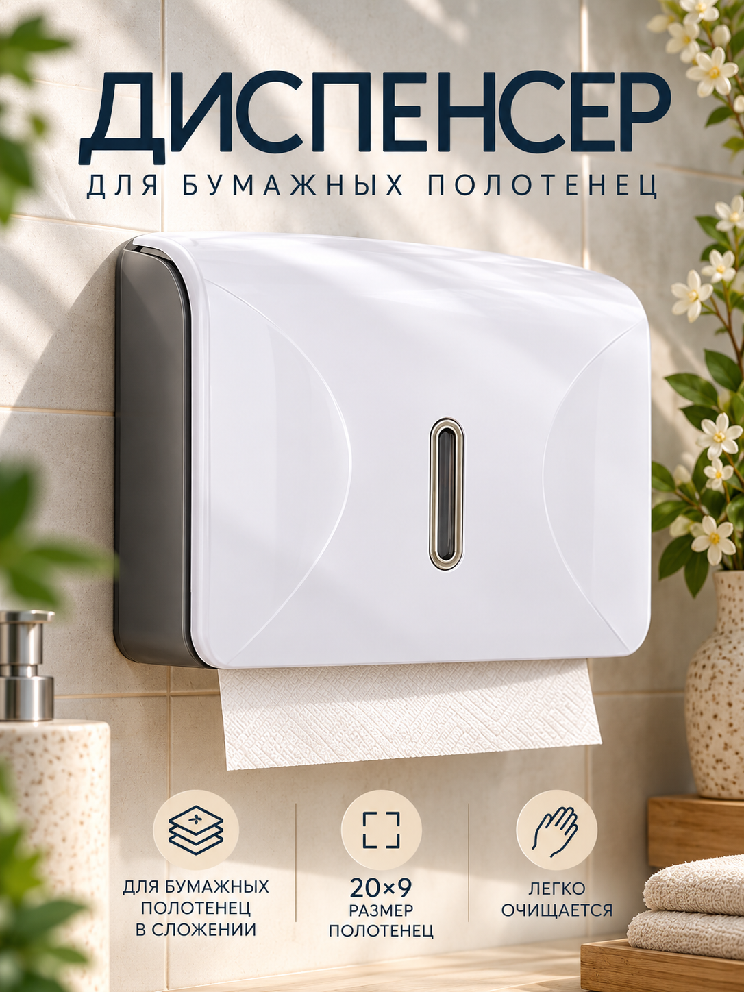 Диспенсер для бумажных полотенец SKYPHOS в листах, пластик, 21.5×9×26.5 см, цвет белый