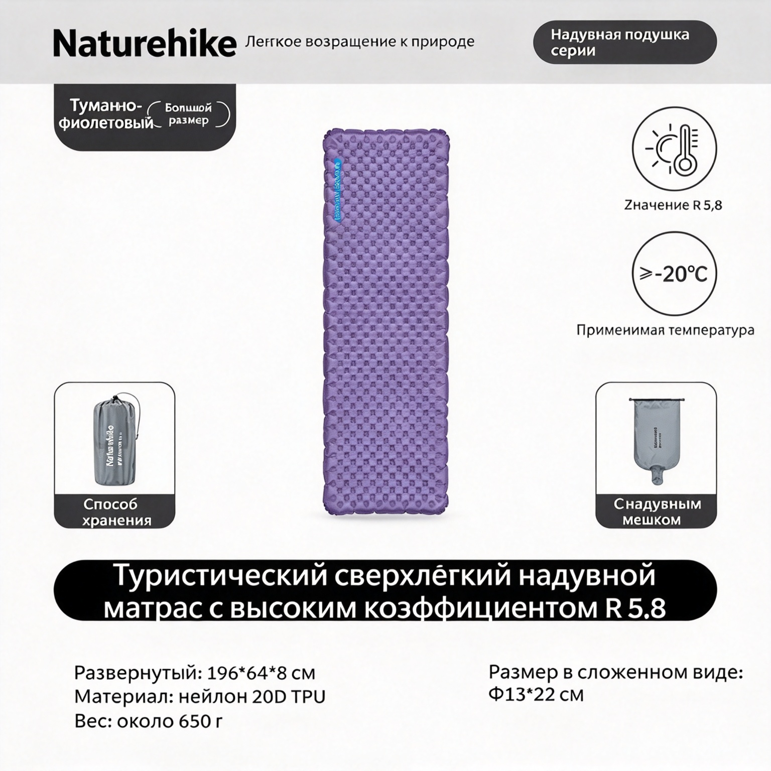 Naturehike Ультралегкий надувной матрас 5.8 high-value R, морозостойкий, с двухслойным воздушным клапаном CNH22DZ016