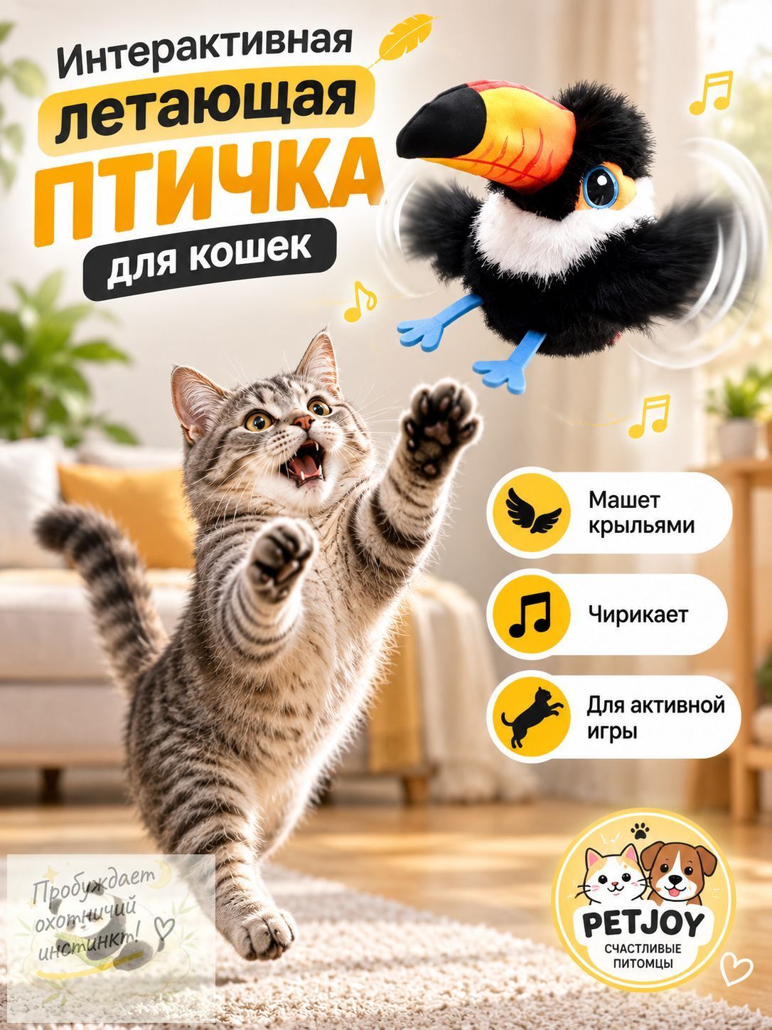 Интерактивная летающая птичка для кошек BunnyToy, игрушка с махающими крыльями, звуком и кошачьей мятой, для акти