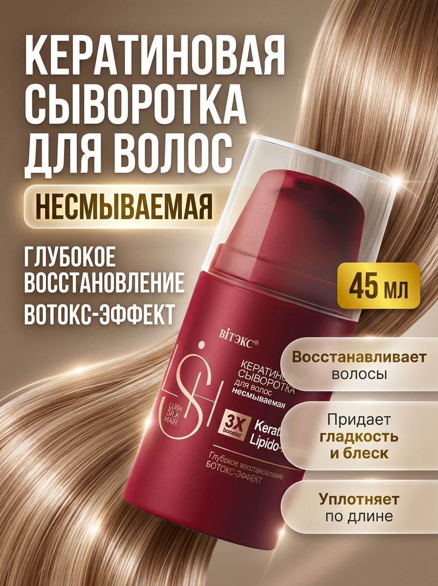 Несмываемая сыворотка для волос, Витэкс 45 мл кератин, восстановление, блеск