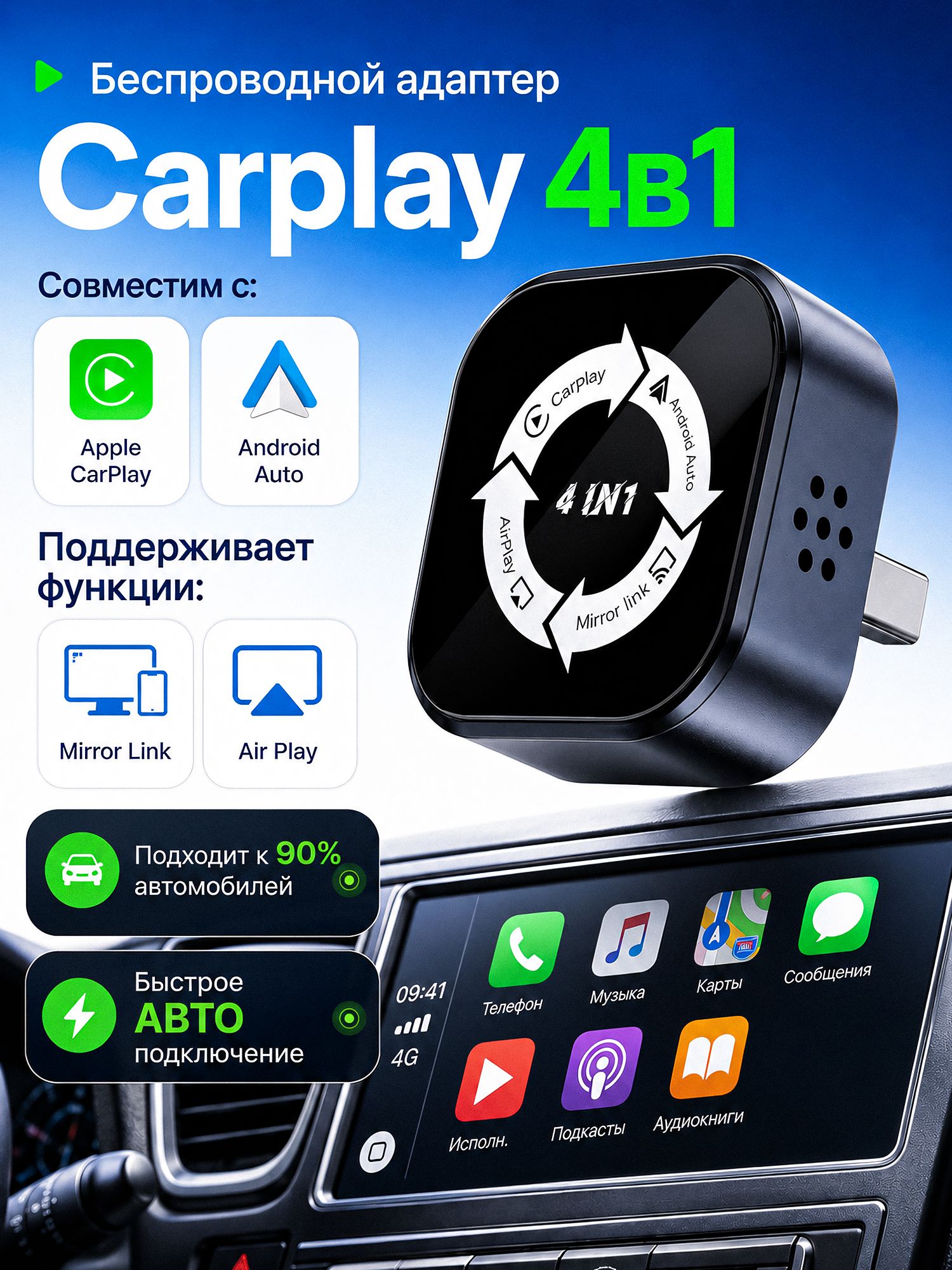 Адаптер беспроводной 4 в 1 CarPlay/Android Auto/Mirror Link, поддержка для просмотра видео и передачи на экран