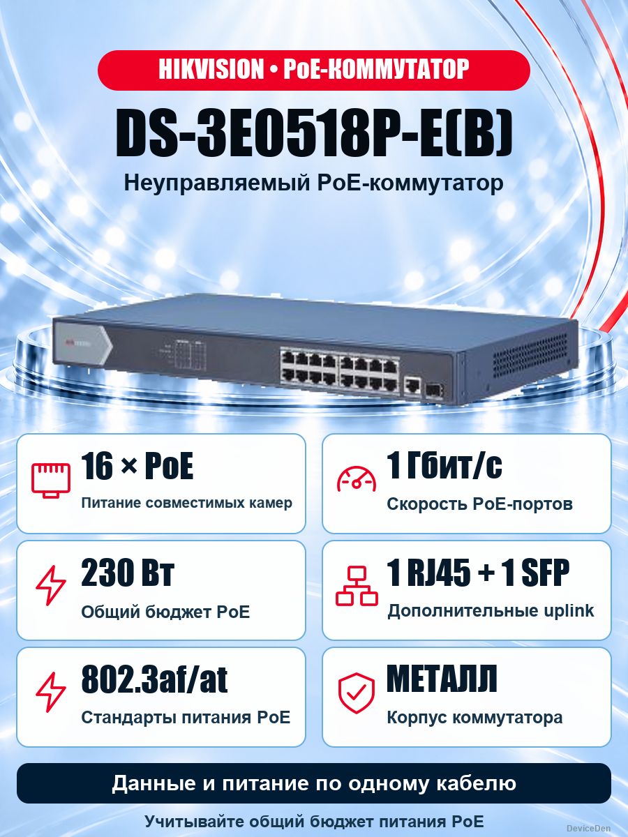 Hikvision DS-3E0518P-E(B) неуправляемый PoE-коммутатор