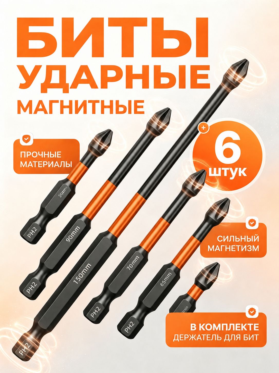 Ударные торсионные биты для шуруповерта, набор из 6 штук, усиленные магнитные биты PH2, инструментальная сталь S2