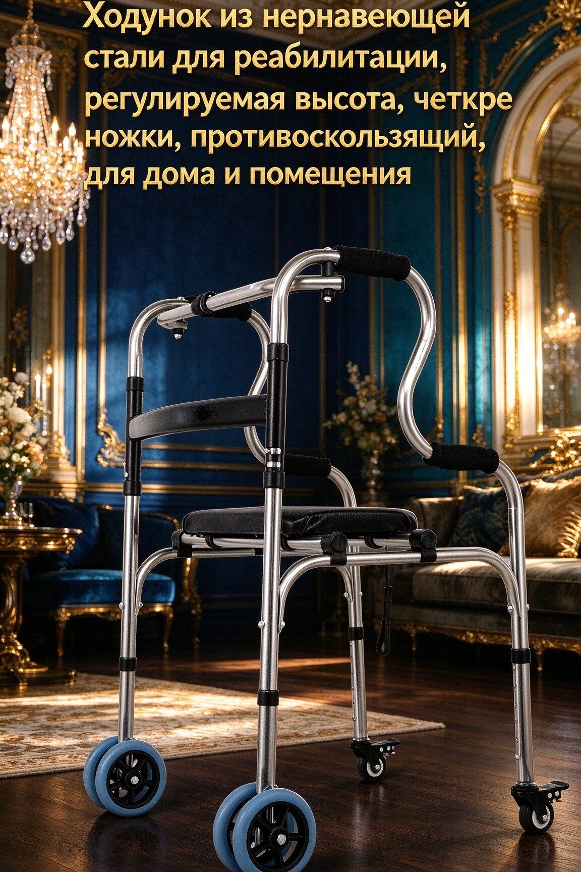 Ходунок из нержавеющей стали для реабилитации, регулируемая высота, четыре ножки, противоскользящий, для дома и помещения