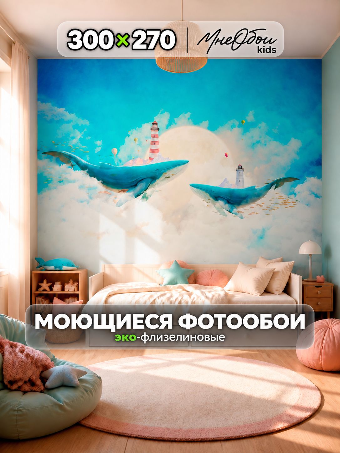 Фотообои на стену в детскую 3d 300х270 (ШхВ) фото обои для мальчика и девочки, киты