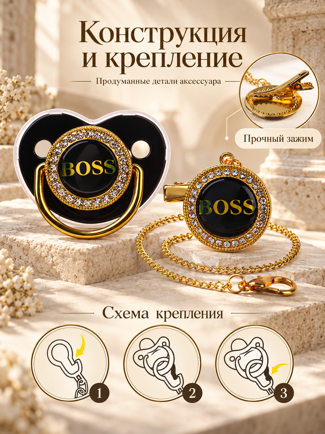 Соска - пустышка силиконовая "BOSS" ортодонтическая, с колпачком, держатель - цепочка, Mum&Baby — фото 1