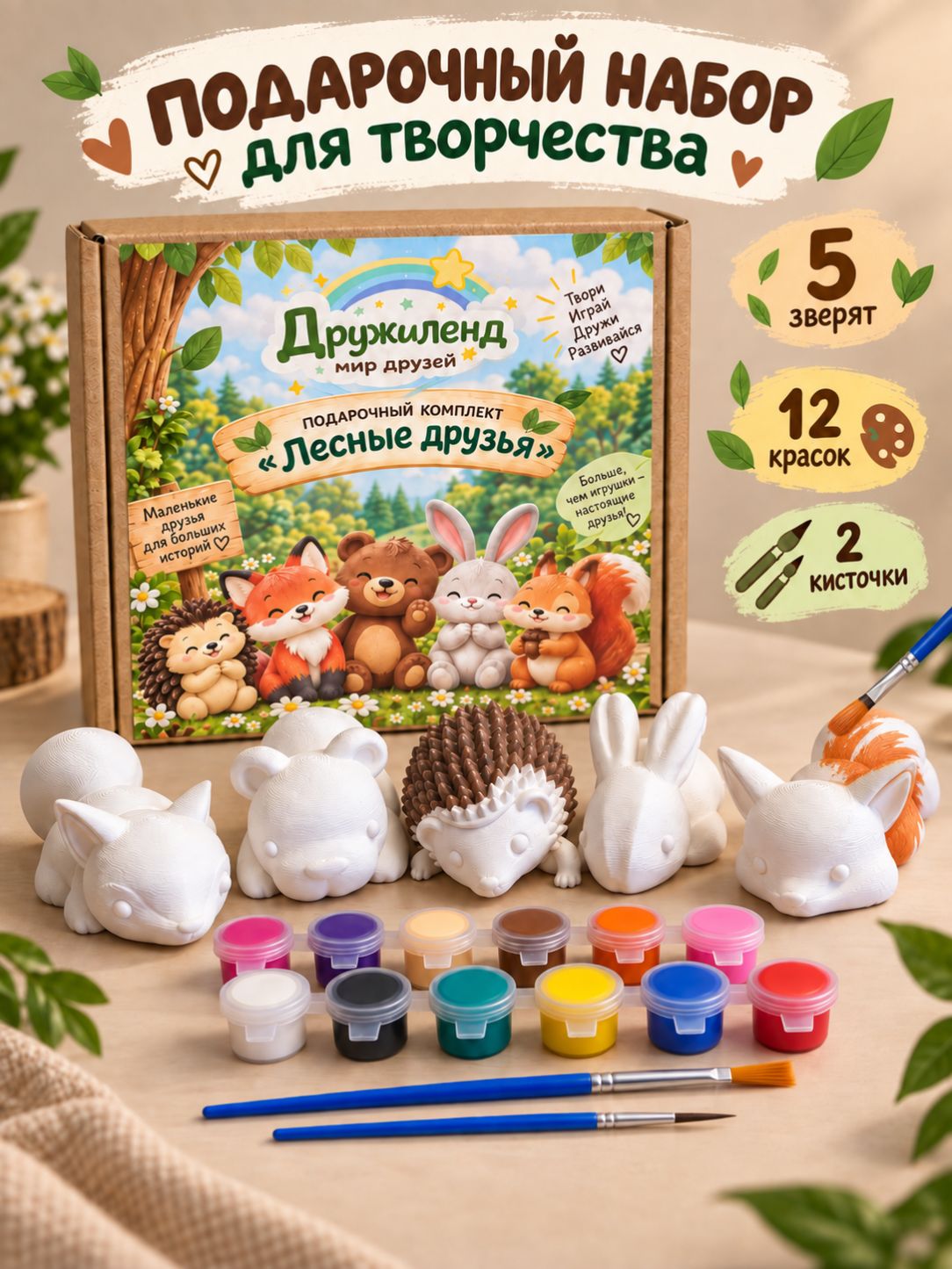 Подарочный набор с животными "Лесные друзья", фигурки для раскрашивания