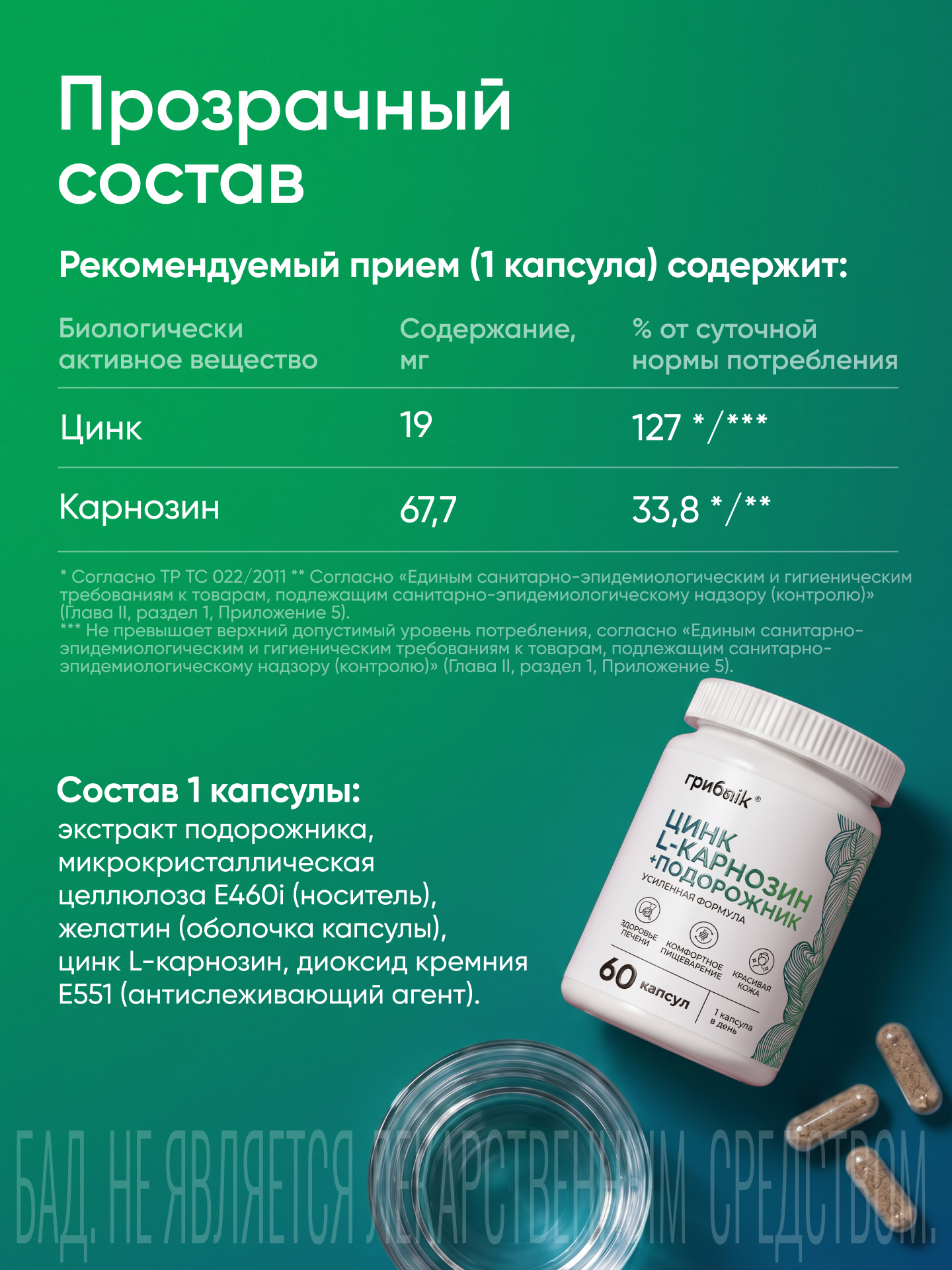 ЦИНК-L-КАРНОЗИН 60 капсул, карнозин, цинк, биологически активная добавка, грибnik — фото 1